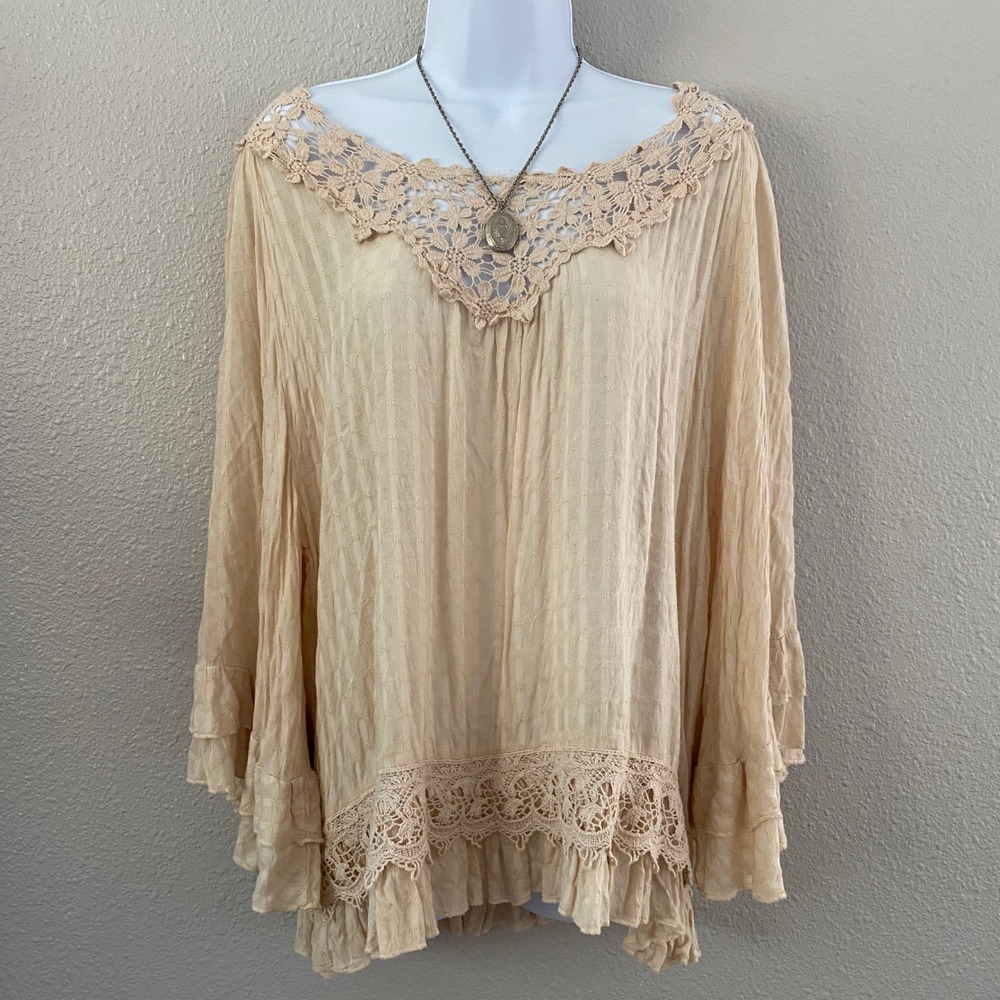 Lady Noiz Cream Peasant Top 1XL Coastal Cowgirl Boho Lagenlook Crochet Lace
